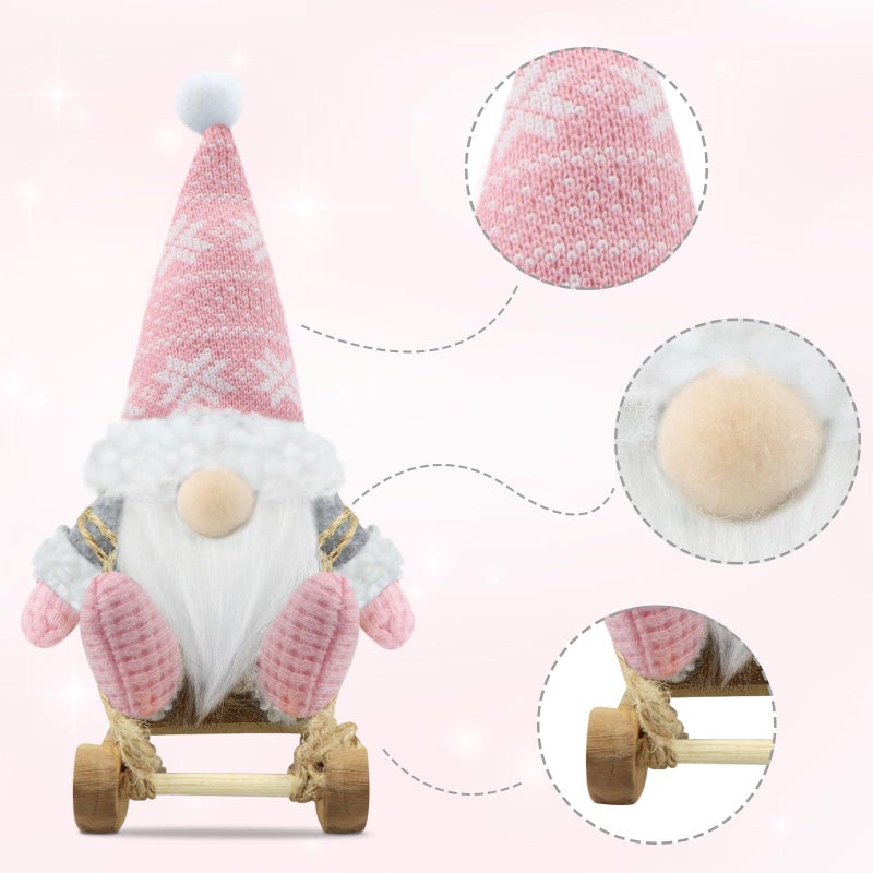Gehydy Set of 3 Christmas Gnomes Decorations Gift Handmade Sled Gnome Plush Stuffed Xmas Decor for Home Kitchen Farmhouse Tiered Tray - Pink - Image 3